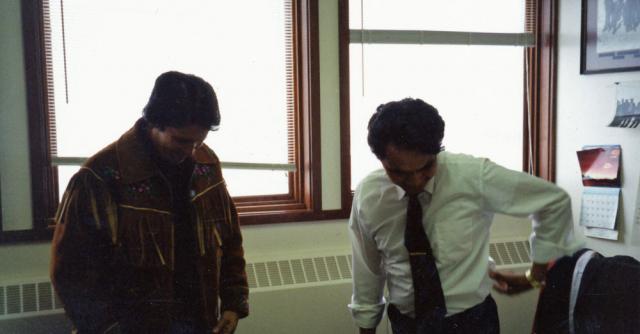 Ovide Mecredi, Grand Chief of Assembly of First Nations presented with a gift from Grand Chief Joe Rabesca 